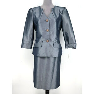 Nicolette Skirt Suit Womens 12 Gray Blue Shimmer Lined Buttons Formal Mob New